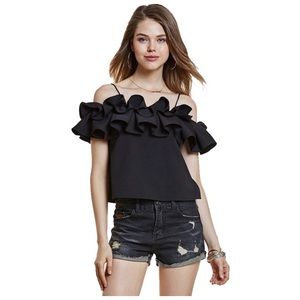 Black Ruffle Off The Shoulder Top